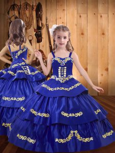 Modern Royal Blue Ball Gowns Embroidery Girls Pageant Dresses Lace Up Taffeta Sleeveless Floor Length