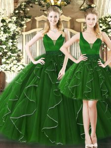 Beauteous Dark Green Sleeveless Tulle Lace Up Vestidos de Quinceanera for Military Ball and Sweet 16 and Quinceanera