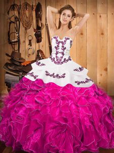 Great Fuchsia Sleeveless Floor Length Embroidery and Ruffles Lace Up Quinceanera Gown