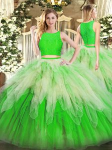 Multi-color Ball Gowns Scoop Sleeveless Organza Floor Length Zipper Lace and Ruffles Sweet 16 Dresses