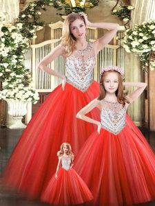 Tulle Scoop Sleeveless Lace Up Beading 15th Birthday Dress in Red