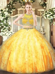 Floor Length Two Pieces Sleeveless Orange Ball Gown Prom Dress Zipper