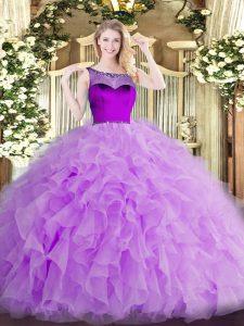 Beading and Ruffles and Hand Made Flower Quince Ball Gowns Lavender Zipper Sleeveless Floor Length