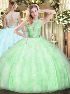 Great Apple Green Sleeveless Lace and Ruffles Floor Length 15 Quinceanera Dress