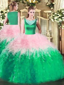 Multi-color Side Zipper Scoop Beading and Ruffles 15th Birthday Dress Tulle Sleeveless