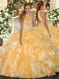 Organza Halter Top Sleeveless Backless Beading and Ruffles Sweet 16 Dresses in Gold
