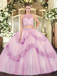 Free and Easy Lilac Two Pieces Tulle Scoop Sleeveless Beading and Appliques Floor Length Zipper Sweet 16 Quinceanera Dre