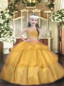 Hot Sale Gold Sleeveless Organza Lace Up Girls Pageant Dresses for Party and Sweet 16 and Quinceanera and Wedding Party