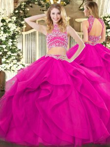 Fuchsia Backless Quinceanera Gowns Beading and Ruffles Sleeveless Floor Length