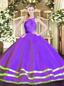 Attractive Tulle Scoop Sleeveless Zipper Lace 15th Birthday Dress in Eggplant Purple