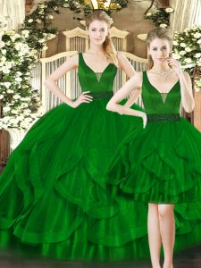 Delicate Dark Green Quinceanera Dresses Military Ball and Sweet 16 and Quinceanera with Beading and Ruffles Straps Sleev