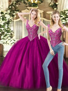 Fantastic Fuchsia Sleeveless Floor Length Beading Lace Up Sweet 16 Dress