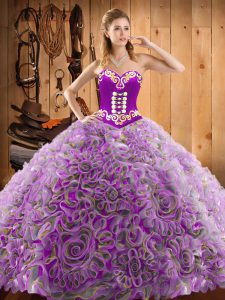 Multi-color Ball Gowns Sweetheart Sleeveless Satin and Fabric With Rolling Flowers With Train Sweep Train Lace Up Embroi