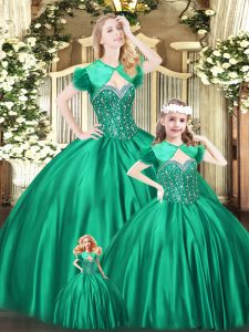 Customized Sleeveless Organza Floor Length Lace Up Quinceanera Gowns in Green with Beading