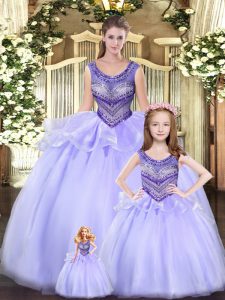 Noble Lavender Tulle Lace Up Scoop Sleeveless Floor Length Quince Ball Gowns Beading and Ruching