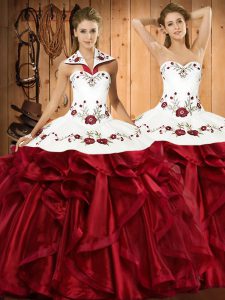 Floor Length Lace Up Vestidos de Quinceanera Wine Red for Military Ball and Sweet 16 and Quinceanera with Embroidery and