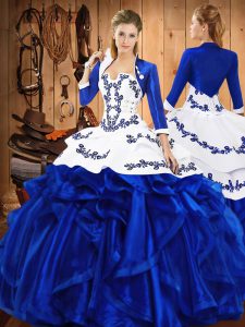 Ideal Satin and Organza Sleeveless Floor Length Quinceanera Dresses and Embroidery and Ruffles
