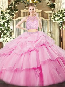 High-neck Sleeveless Zipper Quinceanera Gowns Rose Pink Tulle