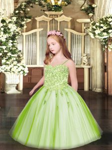 Yellow Green Ball Gowns Spaghetti Straps Sleeveless Tulle Floor Length Lace Up Appliques Pageant Dress for Teens