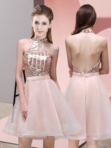 Top Selling Baby Pink Wedding Party Dress Prom and Party and Wedding Party with Sequins Halter Top Sleeveless Backless
