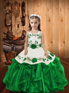 Pretty Green Lace Up Pageant Gowns For Girls Embroidery and Ruffles Sleeveless Floor Length