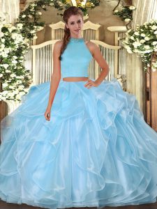 Light Blue Backless Halter Top Beading and Ruffles Quinceanera Gown Organza Sleeveless
