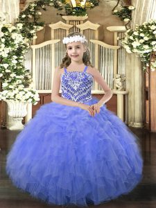Gorgeous Sleeveless Organza Floor Length Lace Up Glitz Pageant Dress in Blue with Beading and Ruffles