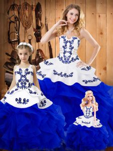 Wonderful Royal Blue Strapless Neckline Embroidery and Ruffles Quinceanera Dresses Sleeveless Lace Up