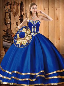Satin and Tulle Sweetheart Sleeveless Lace Up Embroidery Quinceanera Dresses in Blue