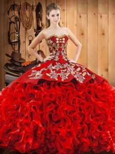 Luxurious Wine Red Fabric With Rolling Flowers Lace Up Sweet 16 Dresses Sleeveless Court Train Embroidery