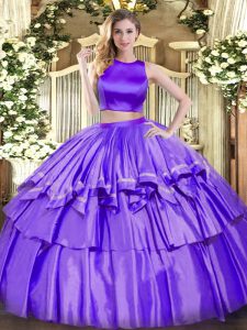 Romantic Sleeveless Tulle Floor Length Criss Cross Quinceanera Dress in Purple with Ruffled Layers