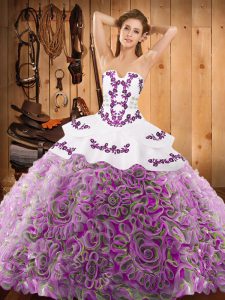 Fitting Multi-color Ball Gowns Strapless Sleeveless Satin and Fabric With Rolling Flowers With Train Sweep Train Lace Up