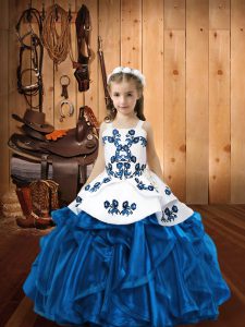 Blue Organza Lace Up Pageant Dress for Girls Sleeveless Floor Length Embroidery and Ruffles