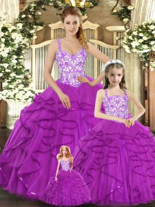 Organza Straps Sleeveless Lace Up Beading and Ruffles Quince Ball Gowns in Fuchsia