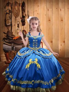 On Sale Blue Satin Lace Up Kids Formal Wear Sleeveless Floor Length Beading and Embroidery