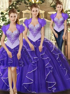 Discount Purple Tulle Lace Up Quinceanera Gown Sleeveless Floor Length Beading and Ruffles