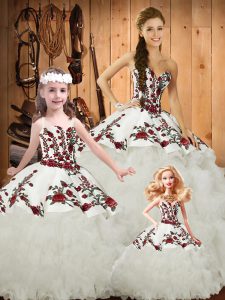 Affordable Sweetheart Sleeveless Vestidos de Quinceanera Brush Train Embroidery and Ruffles White Organza and Taffeta