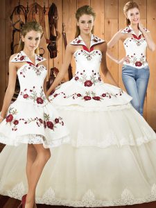 High Quality Sleeveless Floor Length Lace and Embroidery Lace Up Quinceanera Dresses with White