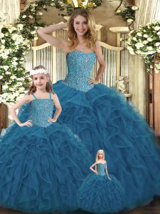 High Quality Beading and Ruffles 15 Quinceanera Dress Teal Lace Up Sleeveless Floor Length