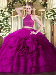 Great Tulle Halter Top Sleeveless Backless Beading and Ruffles Ball Gown Prom Dress in Fuchsia