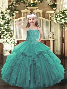 Exquisite Straps Sleeveless Little Girls Pageant Gowns Floor Length Beading and Ruffles Turquoise Tulle