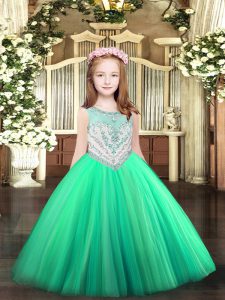Nice Turquoise Tulle Zipper Scoop Sleeveless Floor Length Little Girl Pageant Gowns Beading