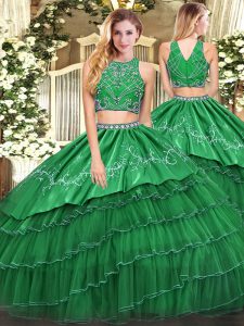 Green Zipper Quince Ball Gowns Beading and Embroidery and Ruffled Layers Sleeveless Floor Length