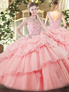 Tulle Sleeveless Floor Length Quinceanera Dresses and Beading and Ruffles and Pick Ups