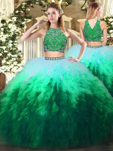 Stunning Floor Length Zipper 15 Quinceanera Dress Multi-color for Military Ball and Sweet 16 and Quinceanera with Beadin