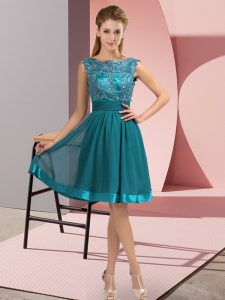 Teal Chiffon Backless Prom Party Dress Sleeveless Knee Length Appliques