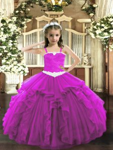 Fuchsia Lace Up Straps Appliques and Ruffles Pageant Dress for Girls Tulle Sleeveless
