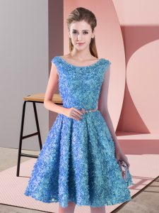 Knee Length Baby Blue Prom Dress Scoop Sleeveless Lace Up
