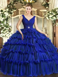 Charming Royal Blue Ball Gowns Beading and Ruffled Layers Vestidos de Quinceanera Backless Organza Sleeveless Floor Leng