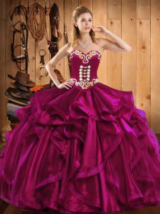 Fuchsia Sleeveless Floor Length Embroidery and Ruffles Lace Up Quinceanera Dress